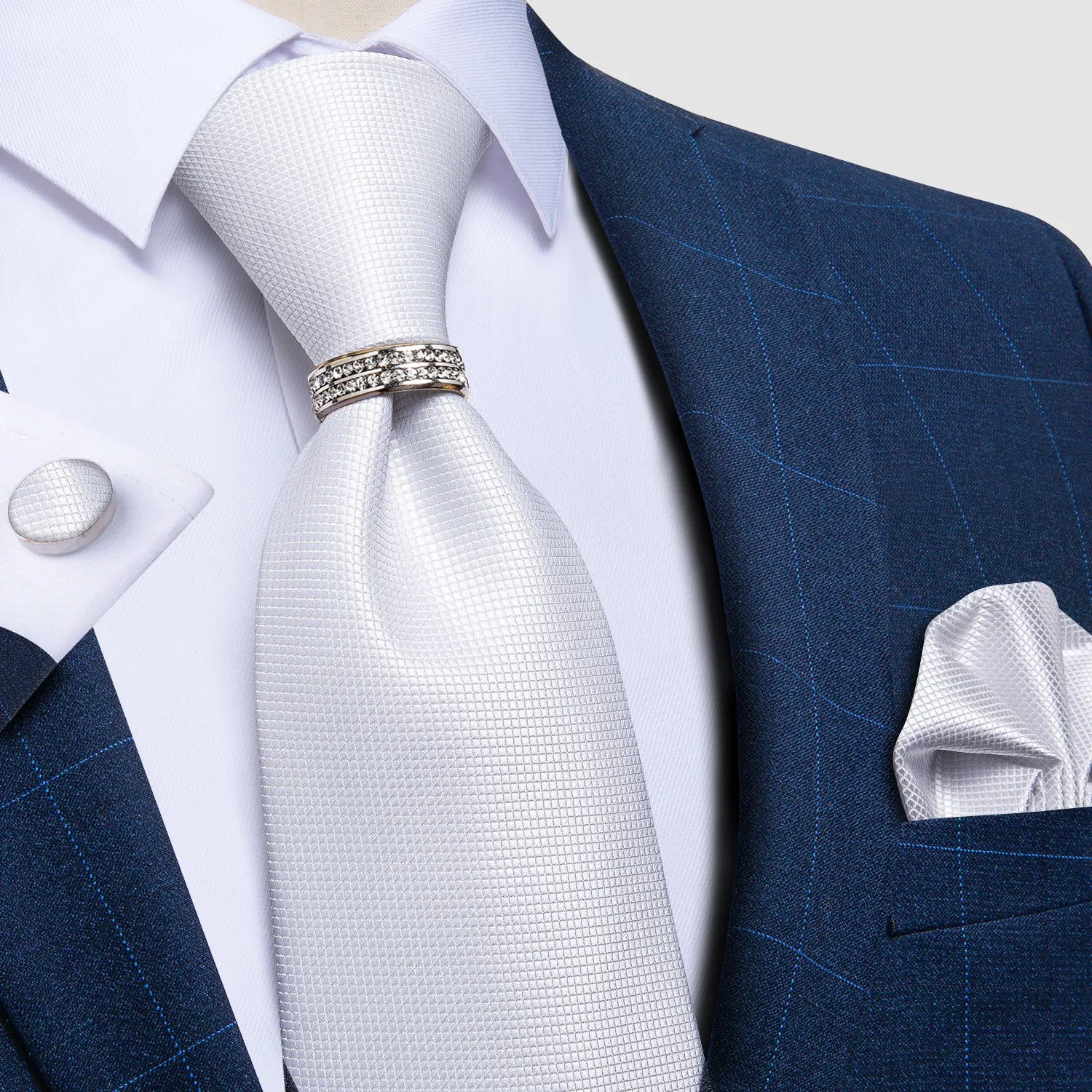 DiBanGu Silk Tie Ring Set White Solid Men's Tie Pocket Square Cufflinks with Tie Ring Set