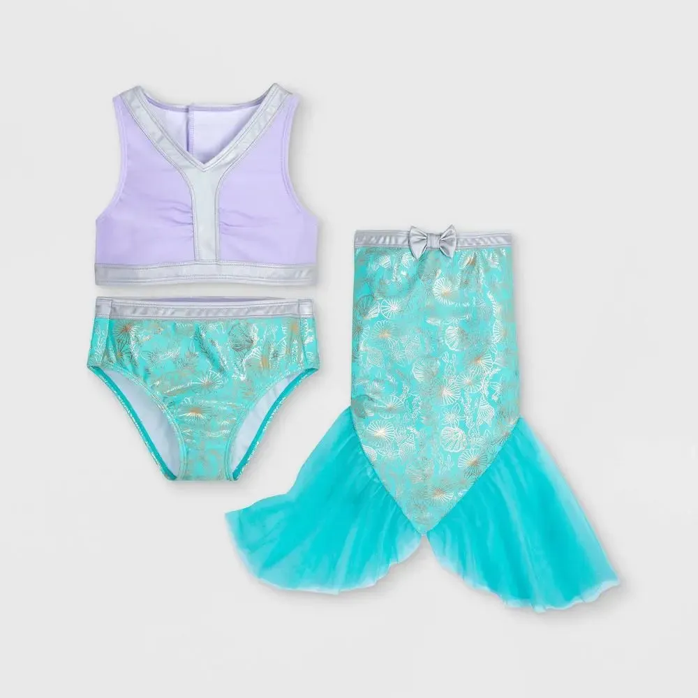 Disney The Little Mermaid Kids Girls 3-Piece Swimsuit Set Tail Skirt