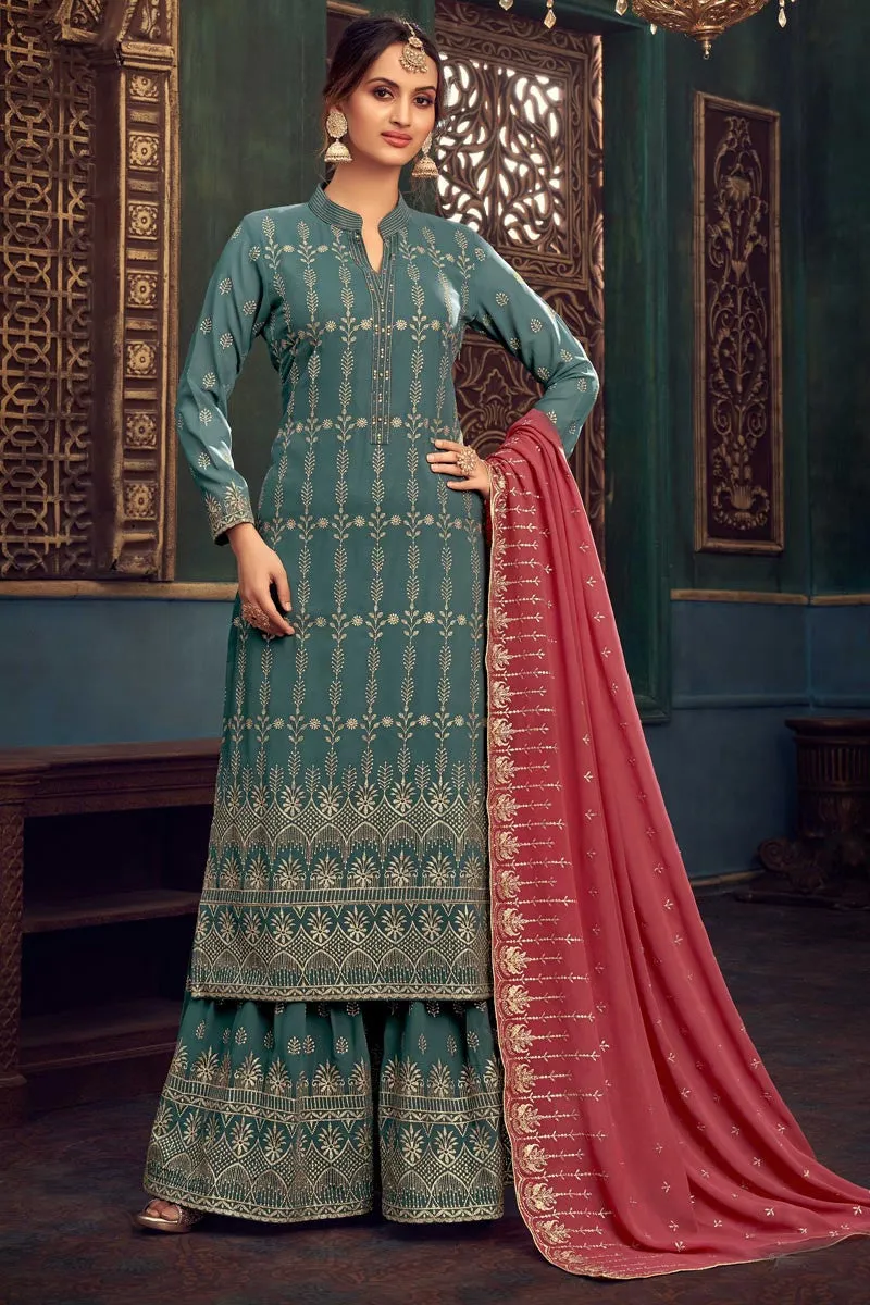 Dusty Blue Faux Georgette Pakistani Sharara Suit