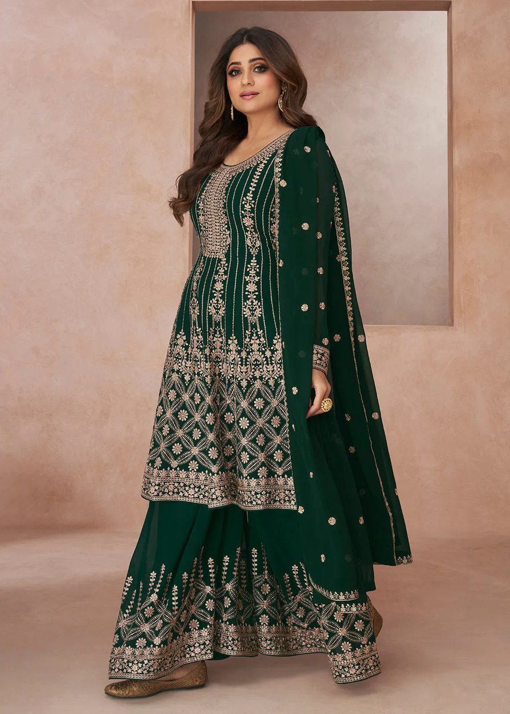 Elegant Festive Look Green Georgette Palazzo Style Suit