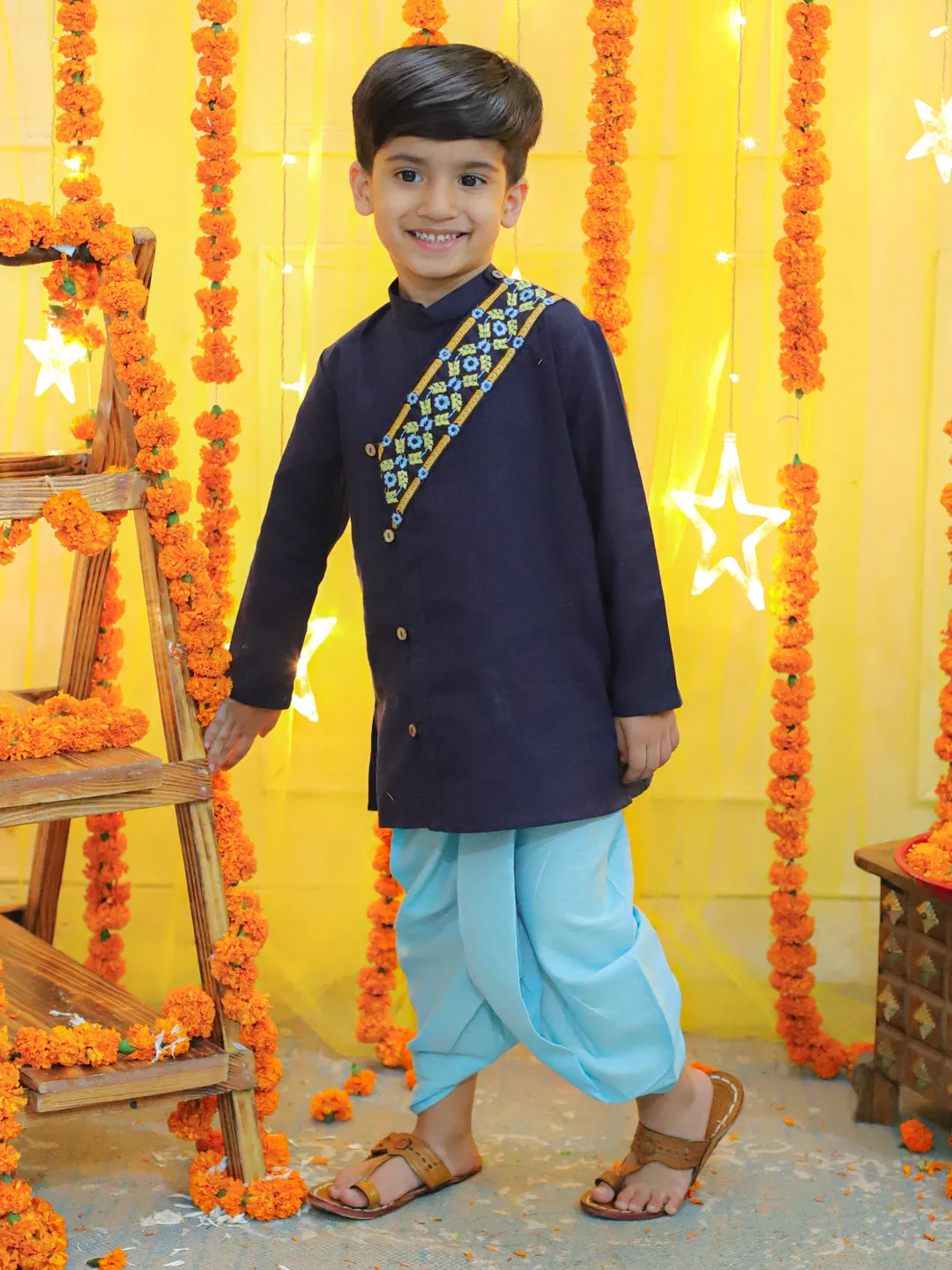 Embroidery Front Open Cotton Kurta with Dhoti for Boys- Blue