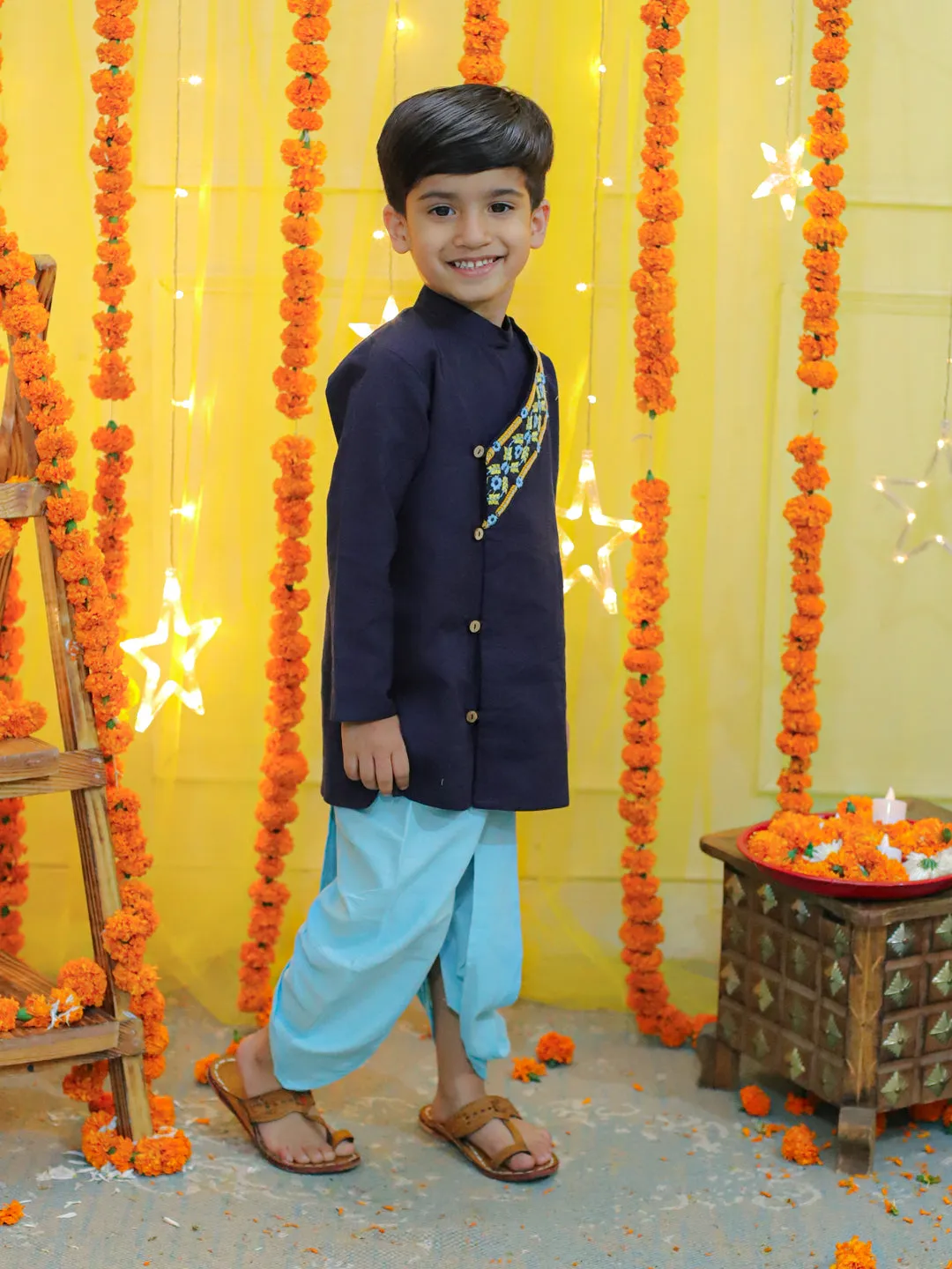 Embroidery Front Open Cotton Kurta with Dhoti for Boys- Blue