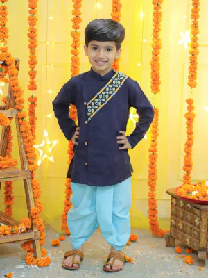 Embroidery Front Open Cotton Kurta with Dhoti for Boys- Blue