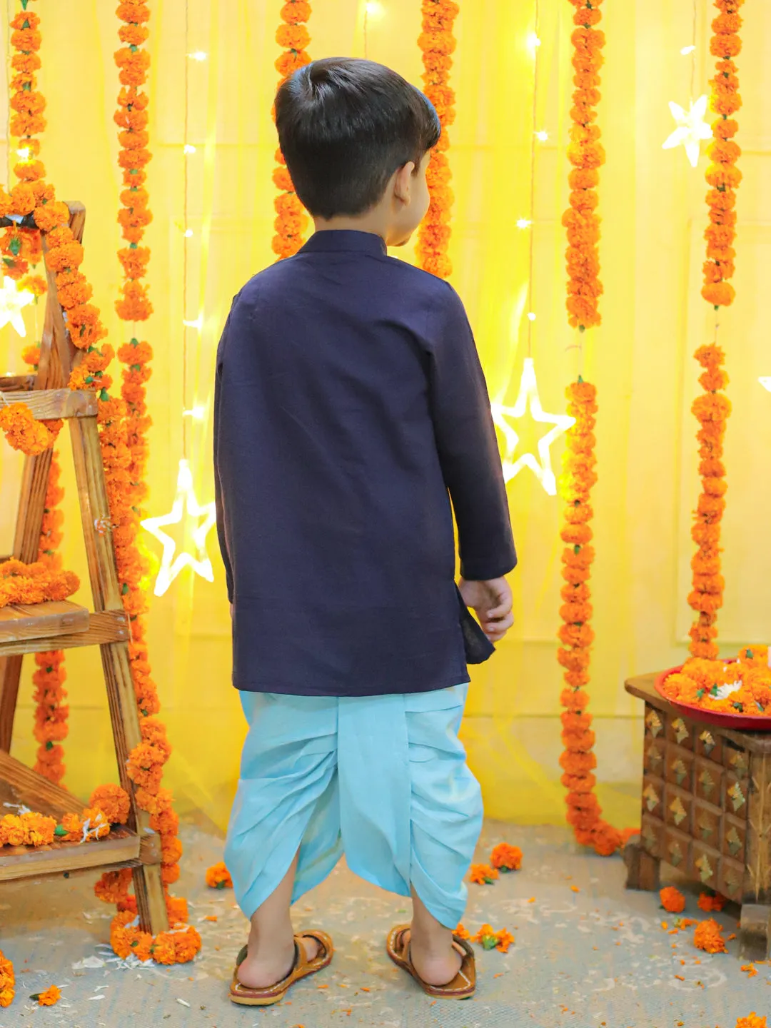 Embroidery Front Open Cotton Kurta with Dhoti for Boys- Blue