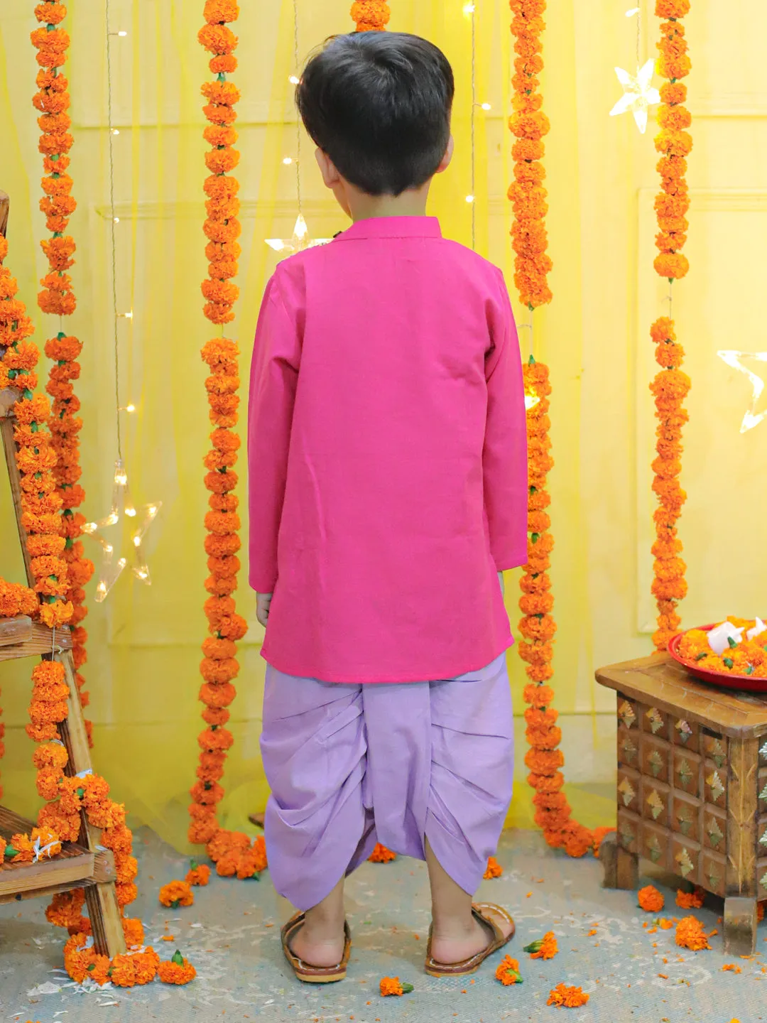 Embroidery Front Open Cotton Kurta with Dhoti for Boys- Pink