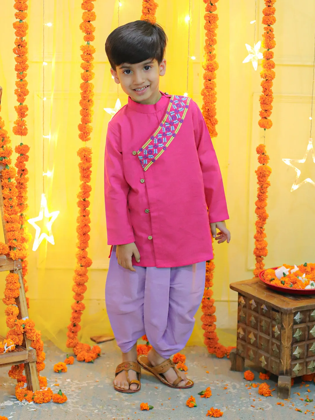 Embroidery Front Open Cotton Kurta with Dhoti for Boys- Pink