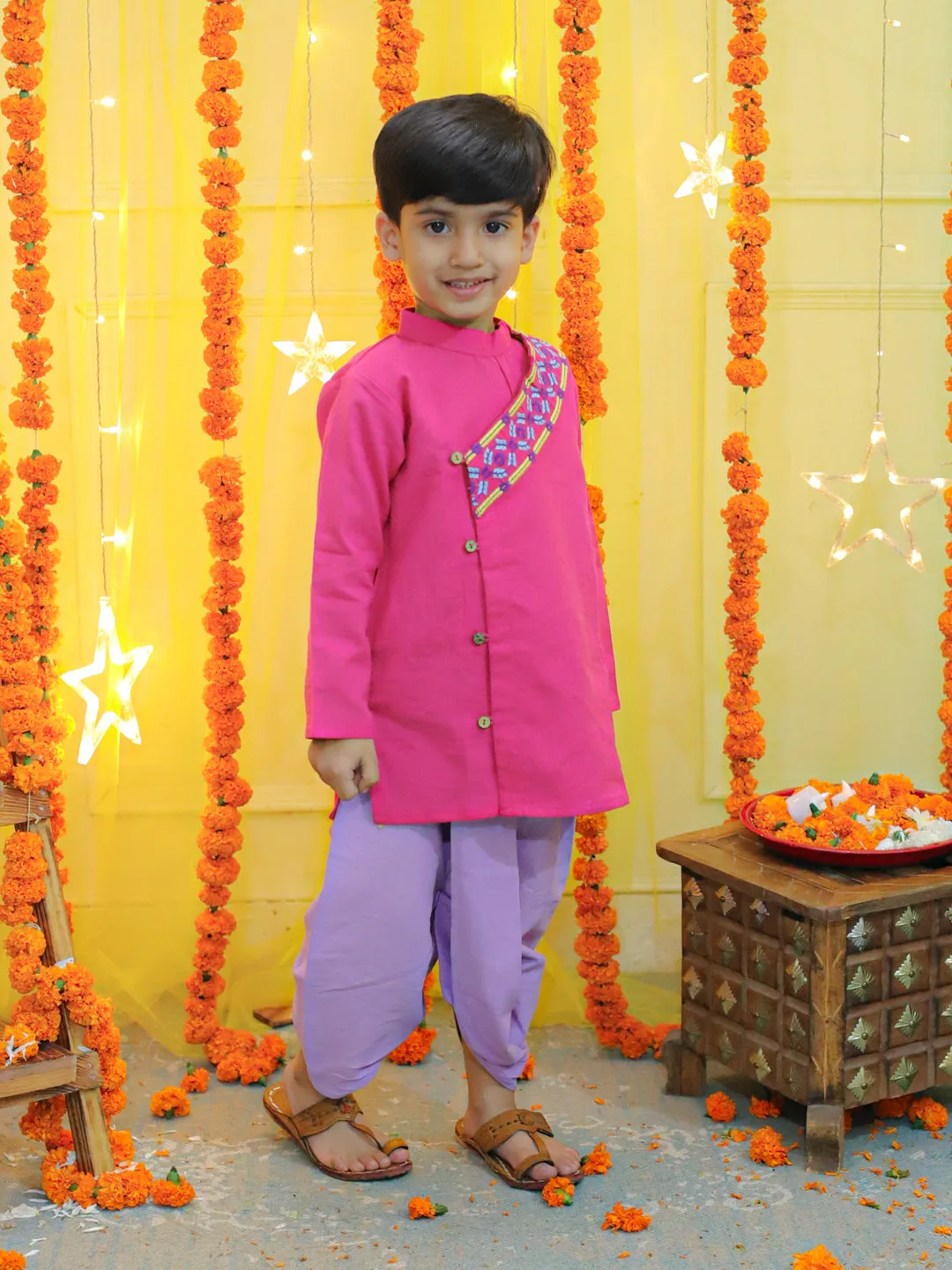 Embroidery Front Open Cotton Kurta with Dhoti for Boys- Pink