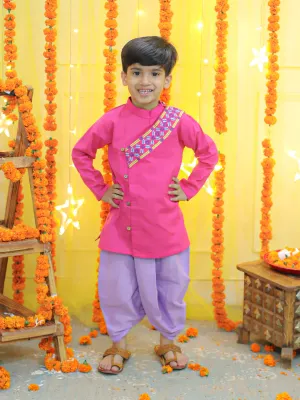 Embroidery Front Open Cotton Kurta with Dhoti for Boys- Pink