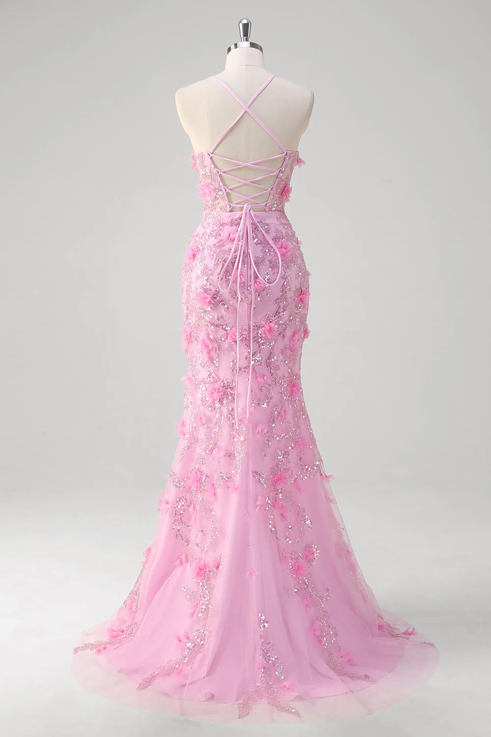 Fairy Pink Sequined Tulle Slit Prom Dress with 3D Appliques