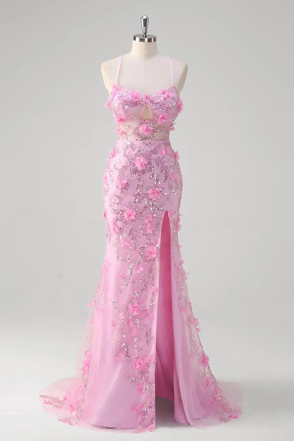 Fairy Pink Sequined Tulle Slit Prom Dress with 3D Appliques