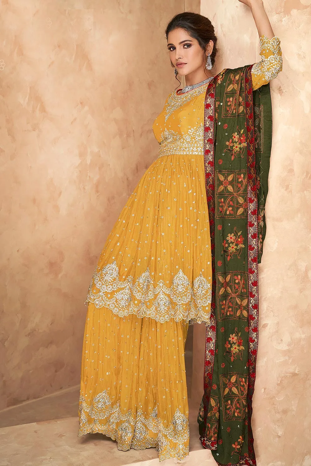 Faux Georgette Pretty Yellow Designer Sharara Suit