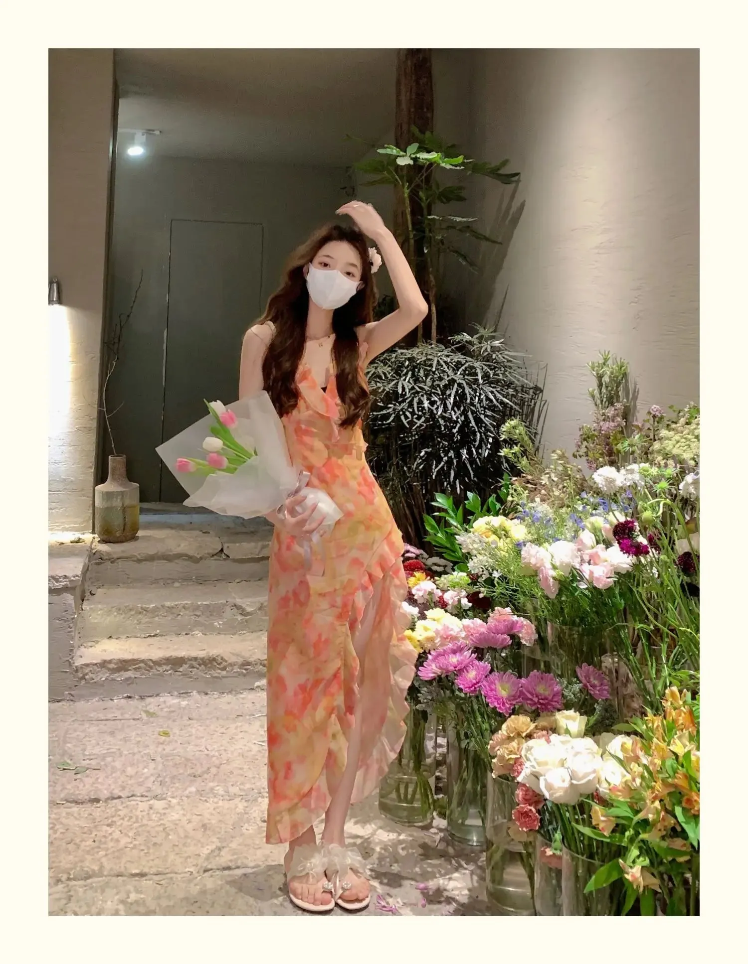 French Style Printed Strapless Women's Dresses Summer Slim Waist Split Sleeveless V-neck Female Dress Sexy Vacation Dress