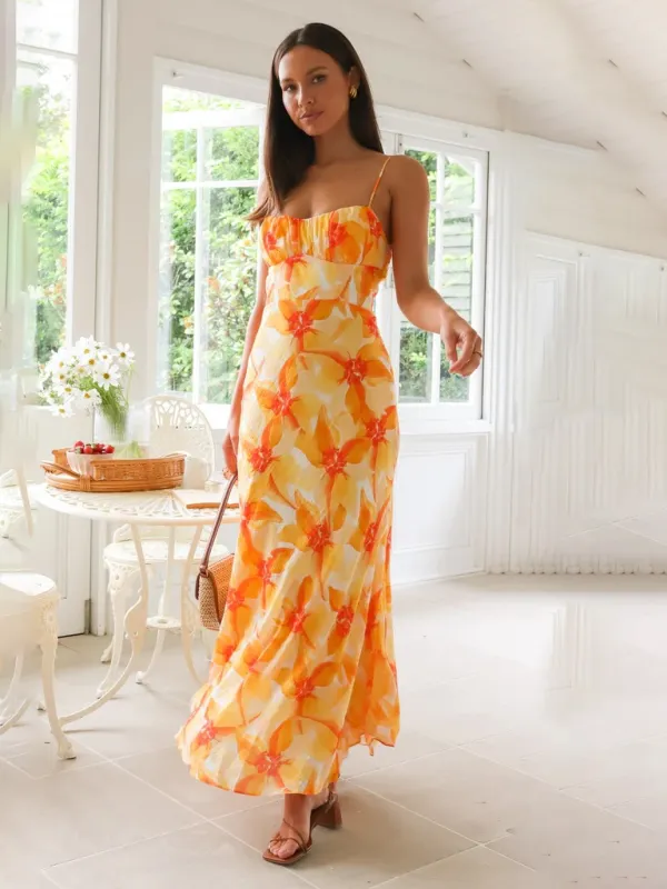 Fresh and sweet summer floral print backless midi dress