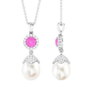 Freshwater Pearl Designer Drop Pendant with Pink Sapphire and Diamond