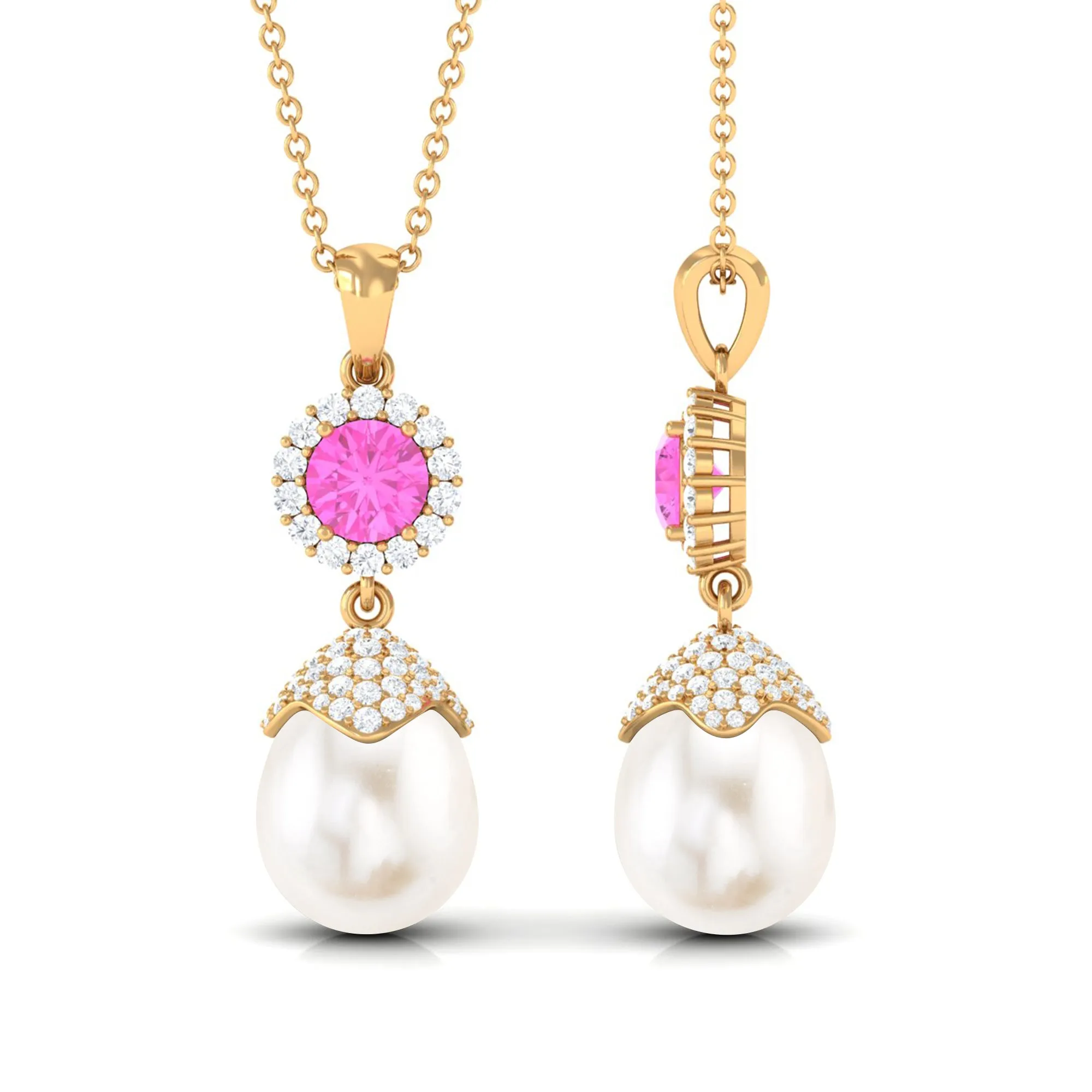 Freshwater Pearl Designer Drop Pendant with Pink Sapphire and Diamond