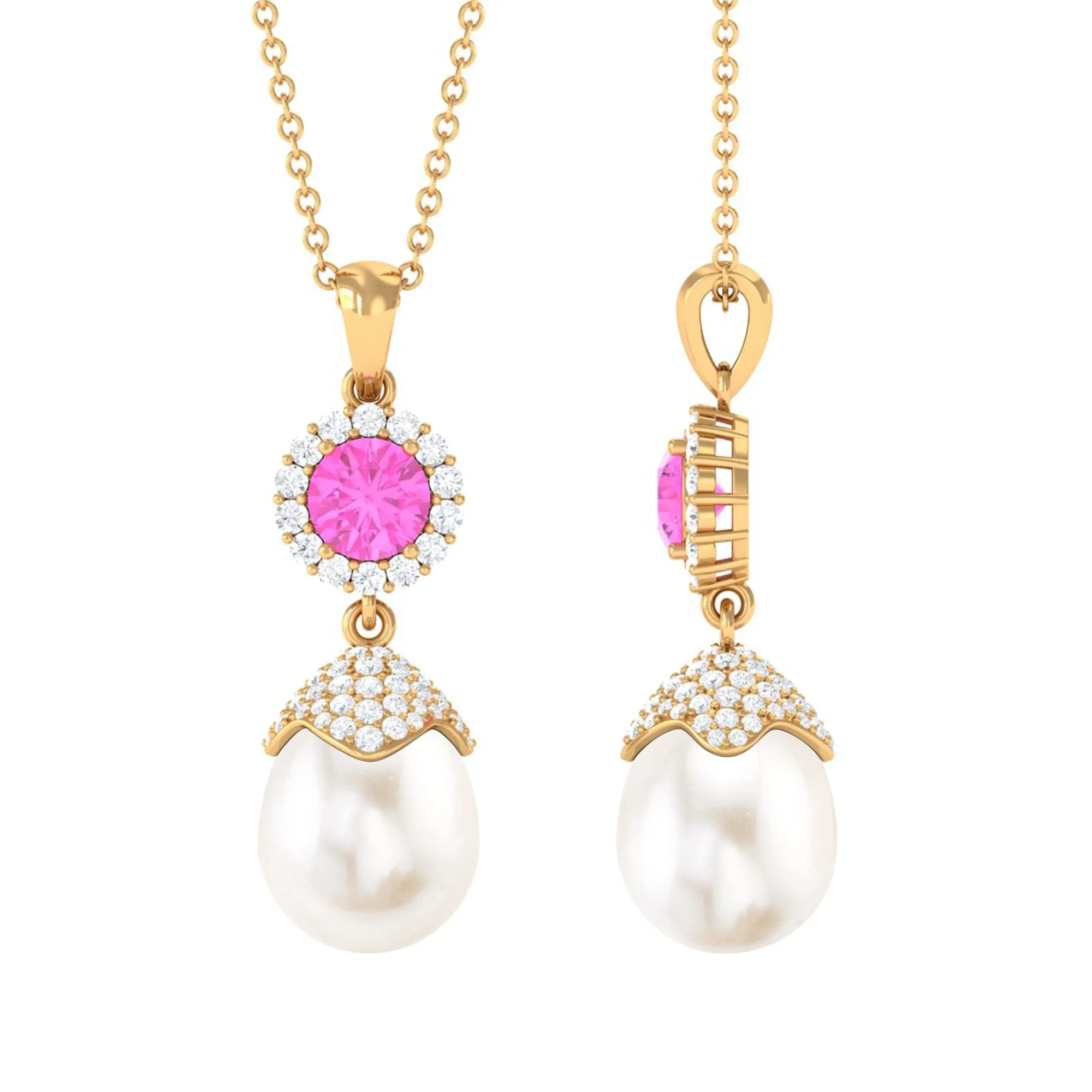 Freshwater Pearl Designer Drop Pendant with Pink Sapphire and Diamond