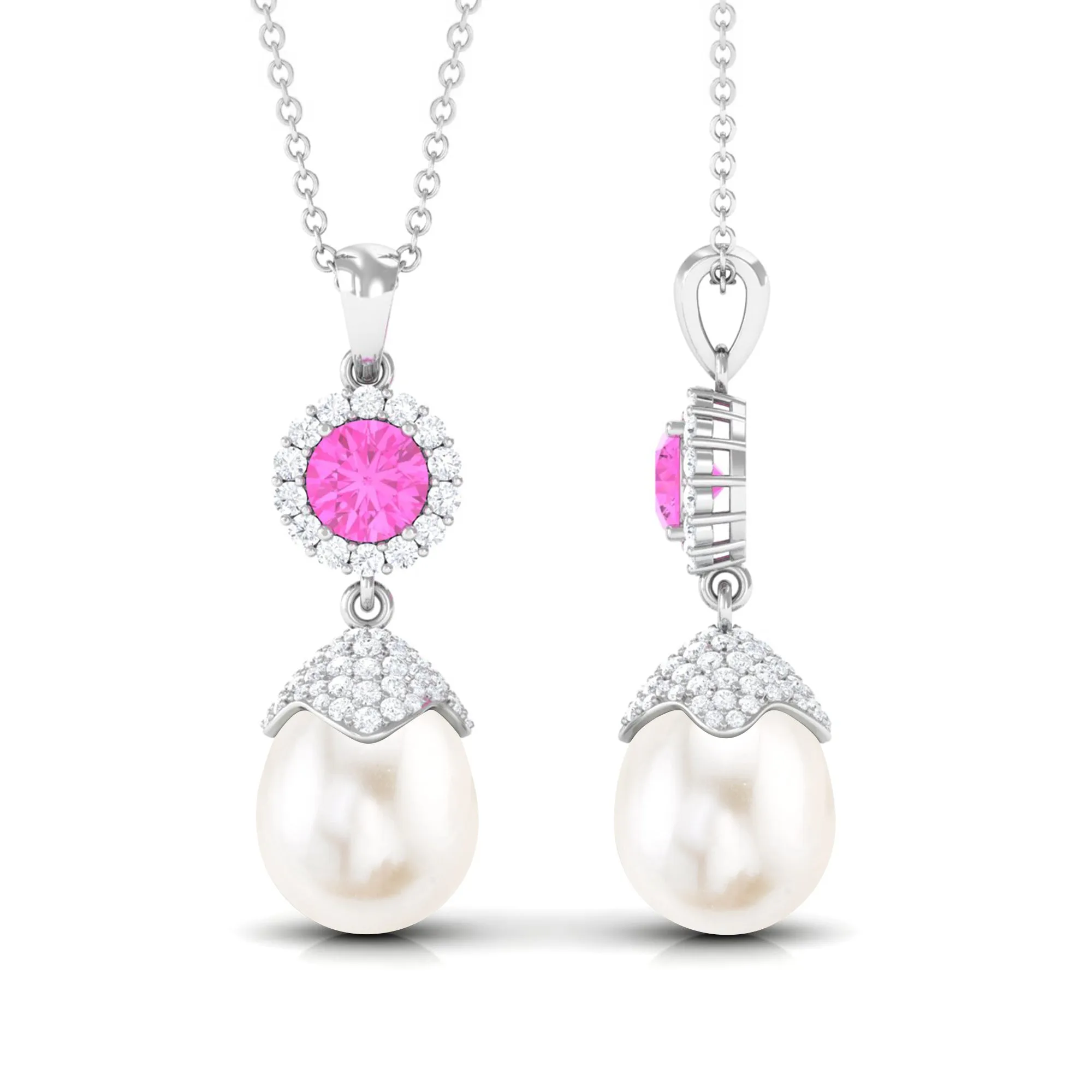 Freshwater Pearl Designer Drop Pendant with Pink Sapphire and Diamond