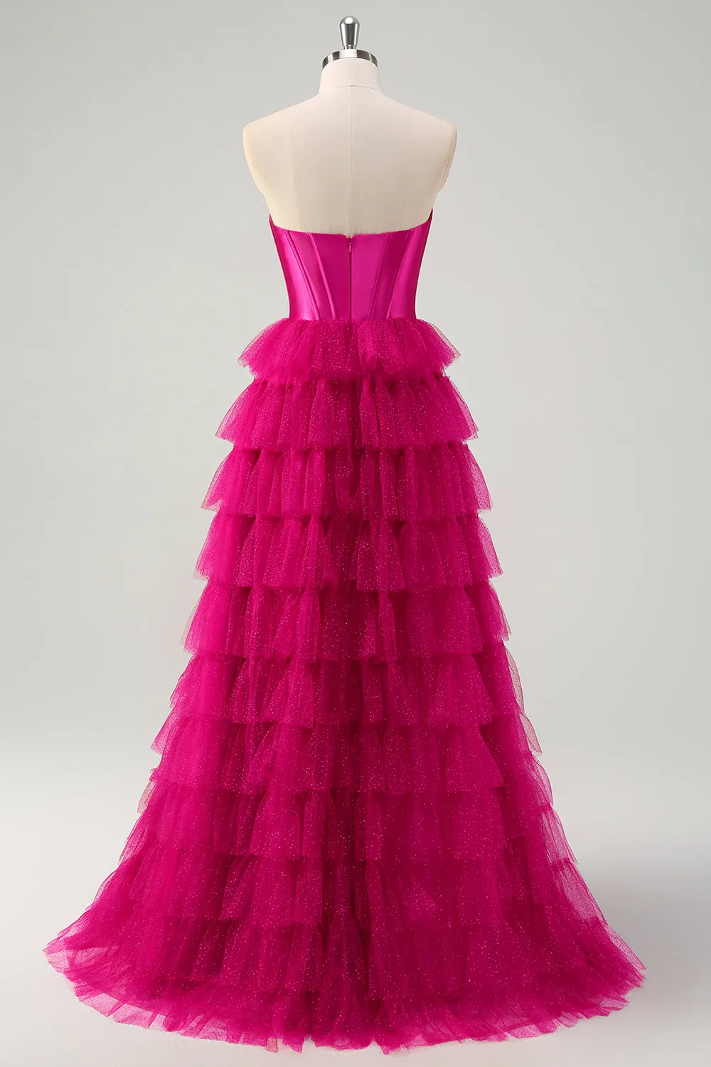 Fuchsia Tiered Tulle Sweetheart Corset Prom Dress with Slit