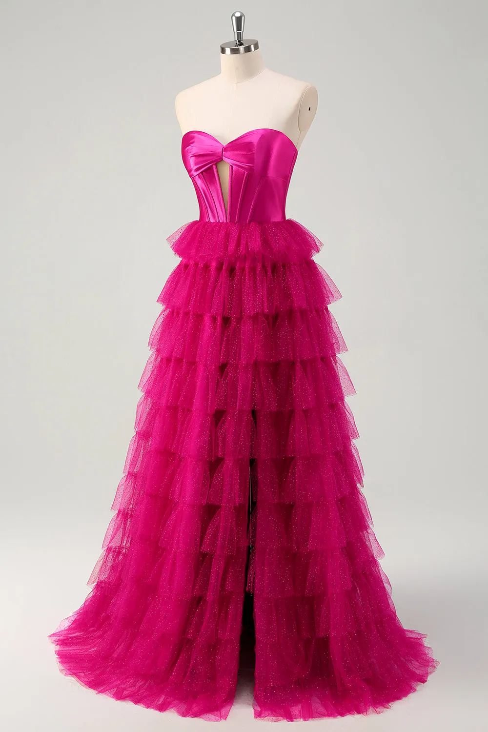 Fuchsia Tiered Tulle Sweetheart Corset Prom Dress with Slit