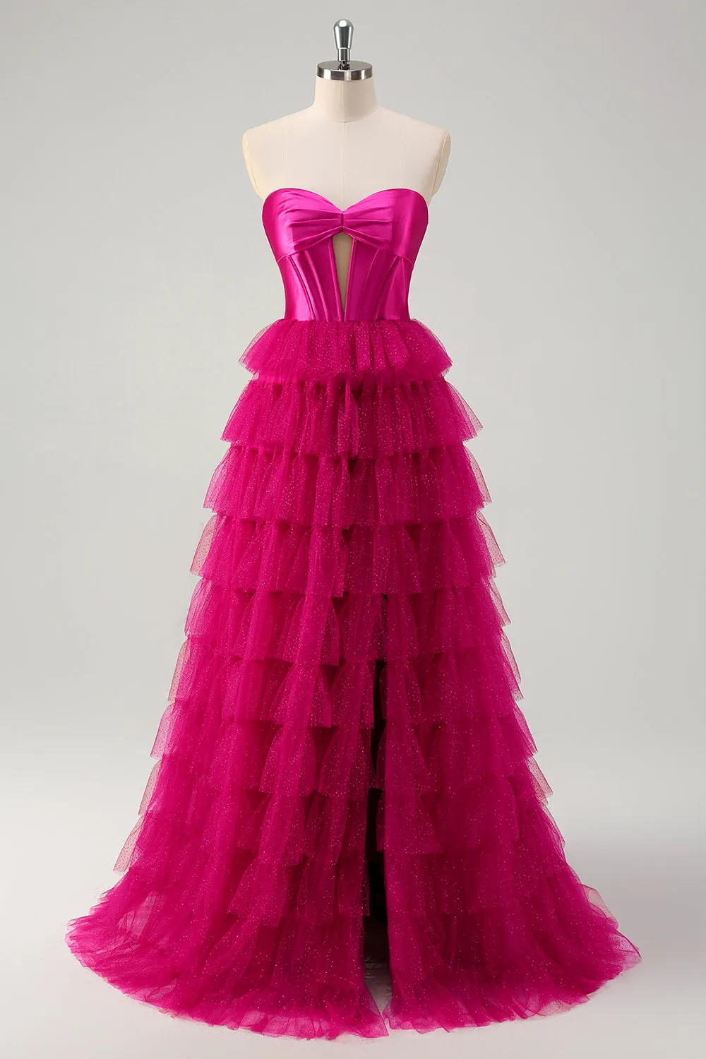 Fuchsia Tiered Tulle Sweetheart Corset Prom Dress with Slit