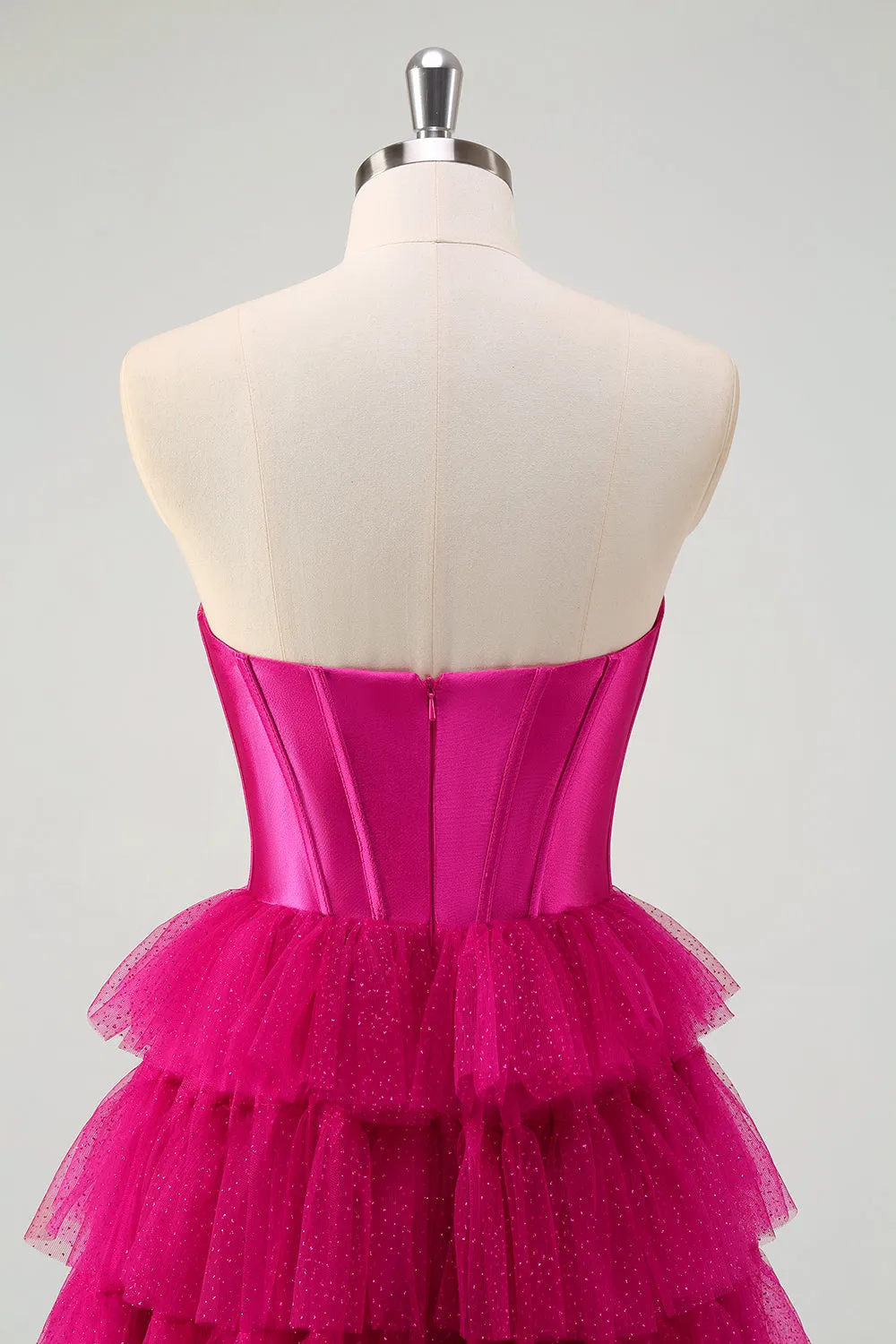 Fuchsia Tiered Tulle Sweetheart Corset Prom Dress with Slit