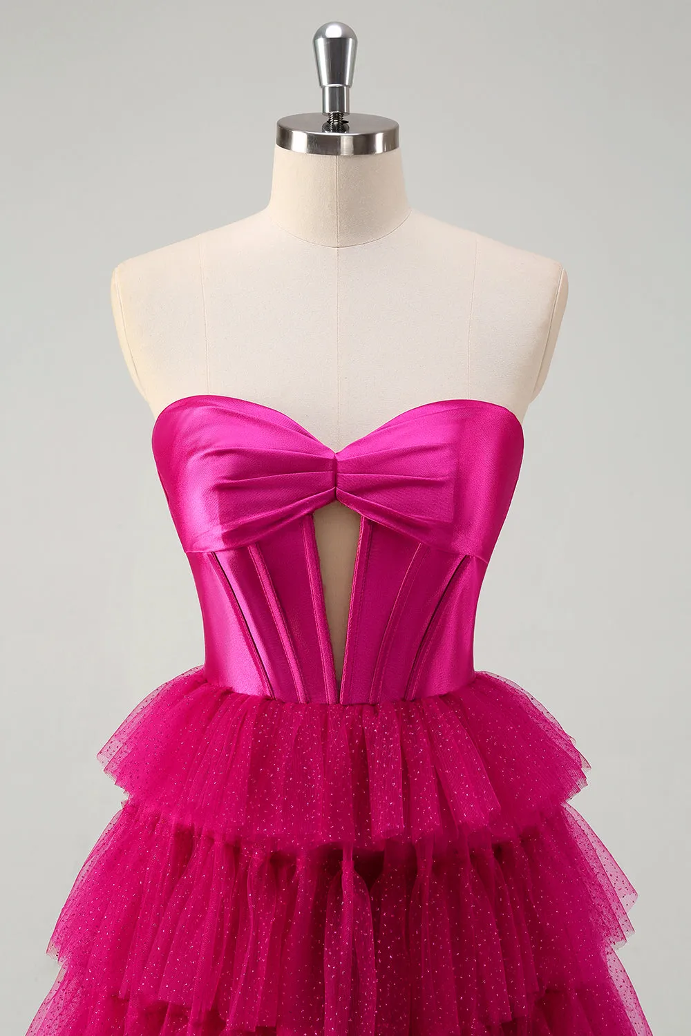 Fuchsia Tiered Tulle Sweetheart Corset Prom Dress with Slit