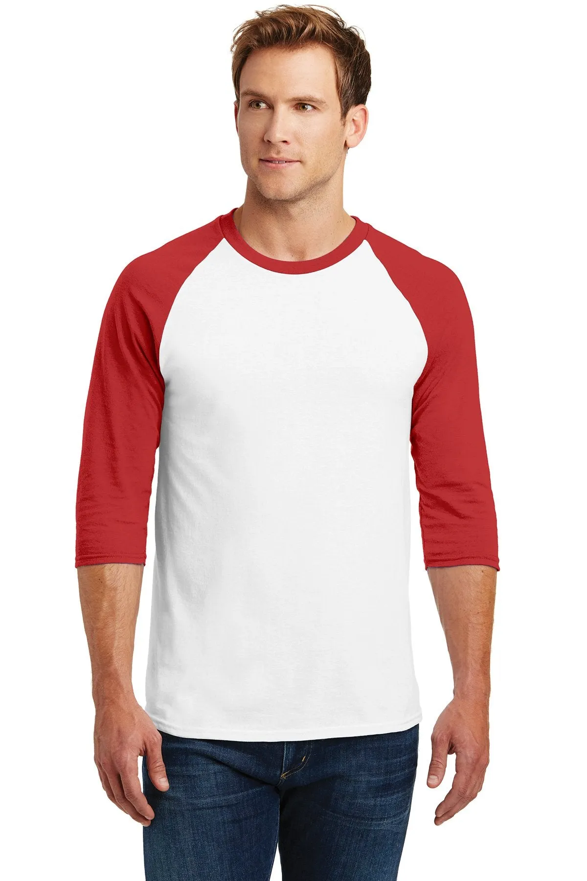 Gildan Heavy Cotton 3 4 Sleeve Raglan T Shirt White/ Red