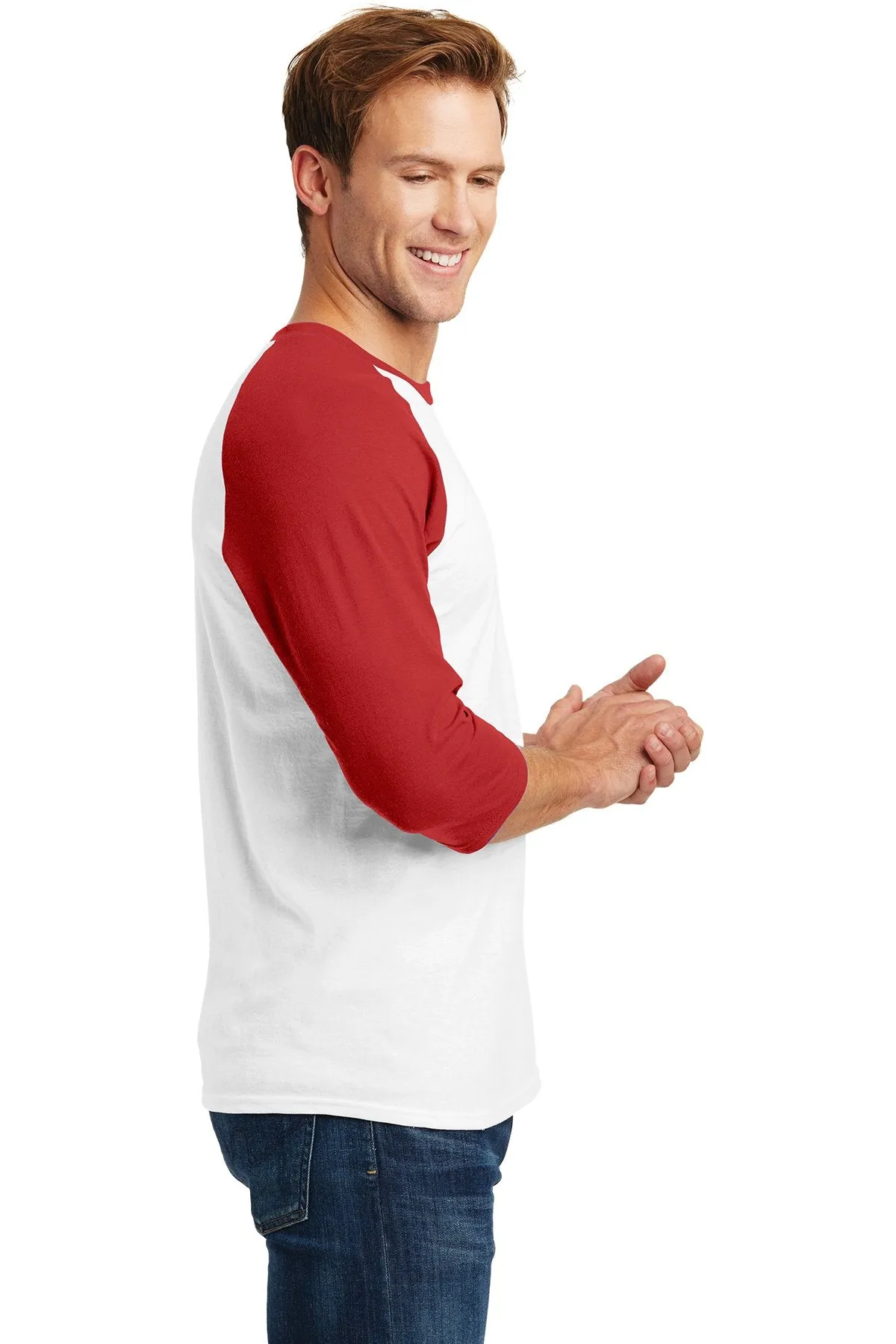 Gildan Heavy Cotton 3 4 Sleeve Raglan T Shirt White/ Red