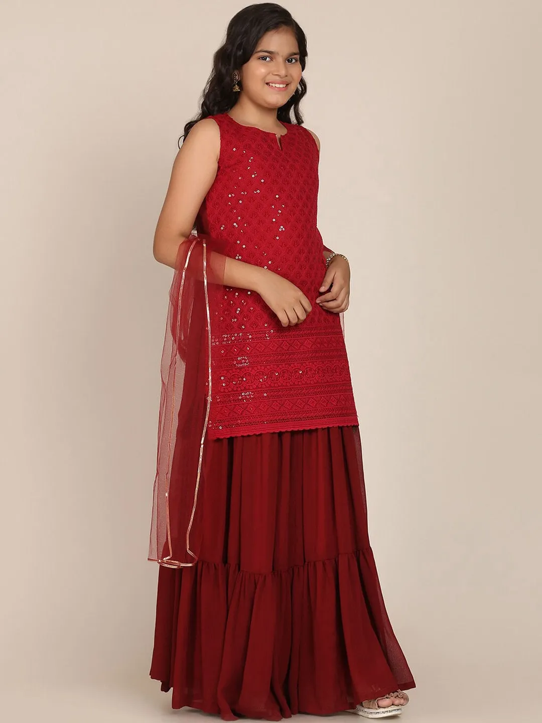 Girl's Maroon Floral Embroidered Sequinned Kurti with Skirt & With Dupatta - NOZ2TOZ KIDS