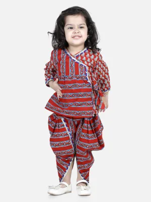 Girl's Red Color Front Open Pure Cotton Angrakha Top Dhoti  - NOZ2TOZ KIDS