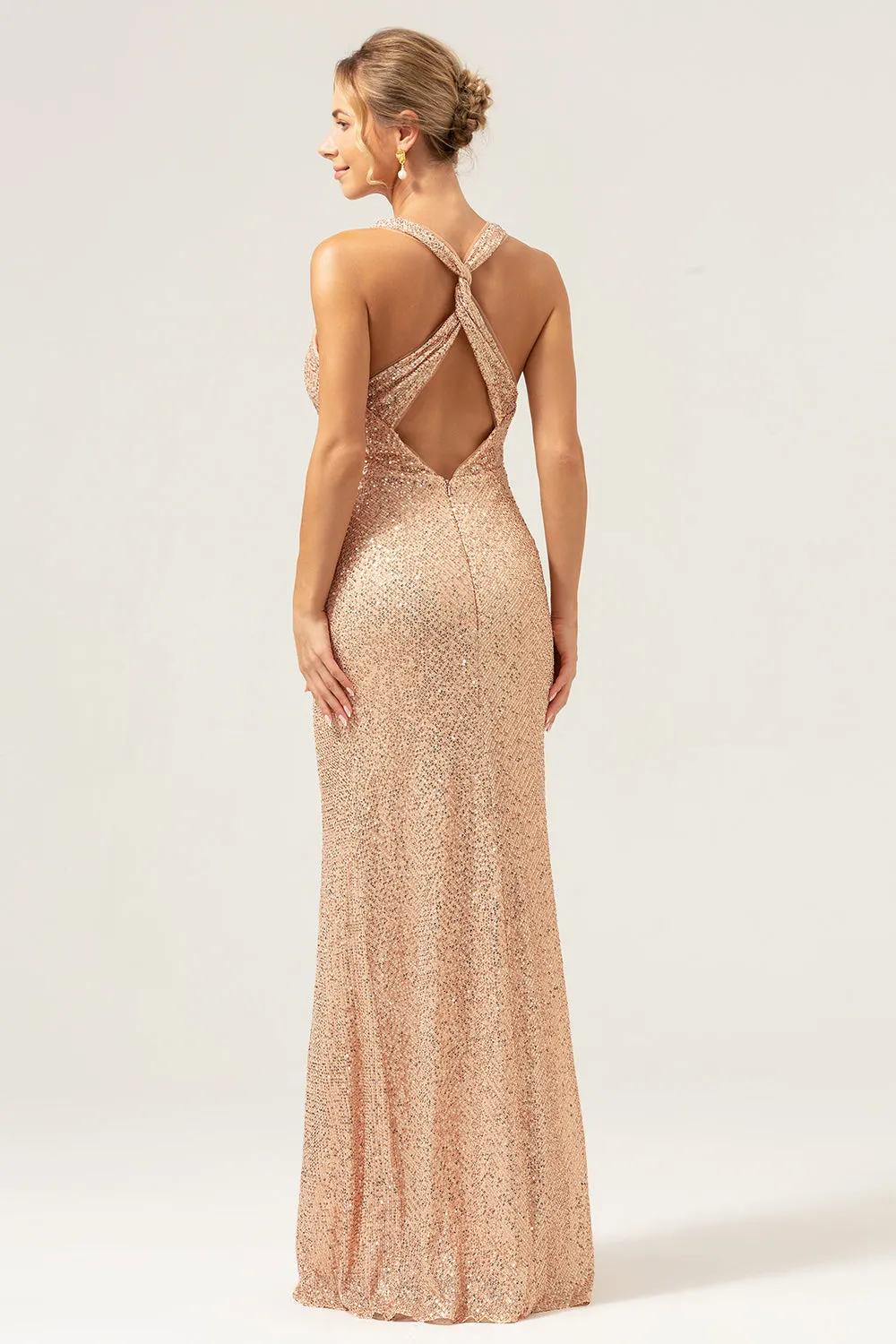 Glitter Blush Mermaid Halter Backless Long Prom Dress