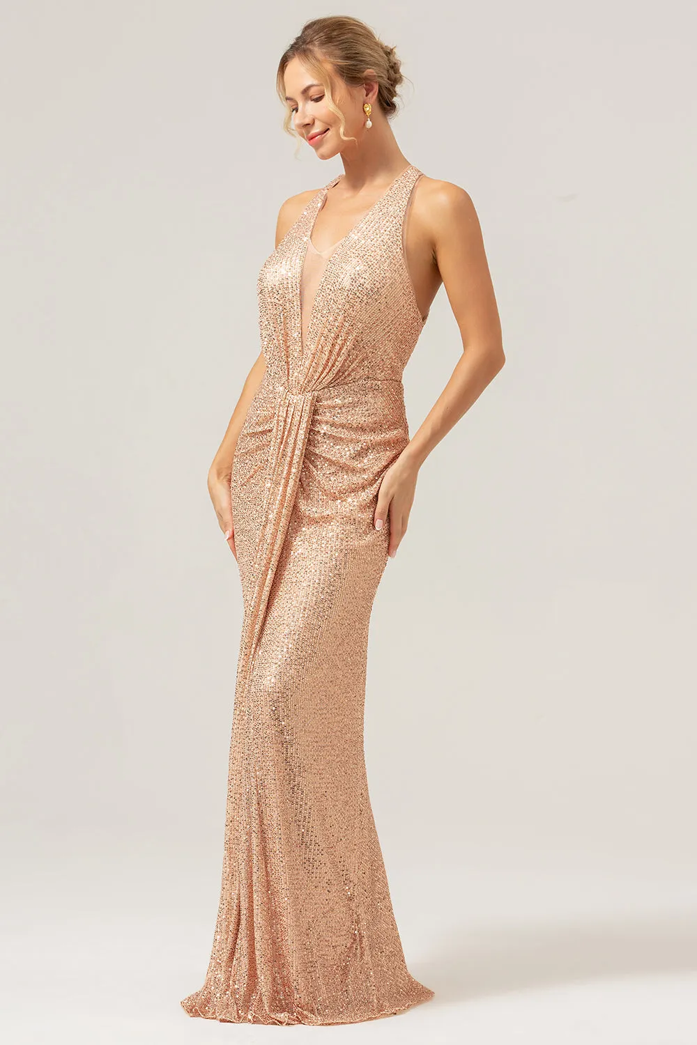 Glitter Blush Mermaid Halter Backless Long Prom Dress