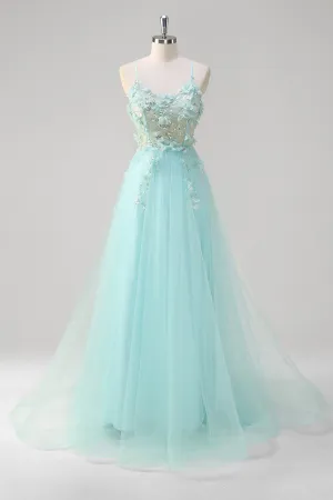 Green Sequined A Line Tulle Prom Dress with Appliques