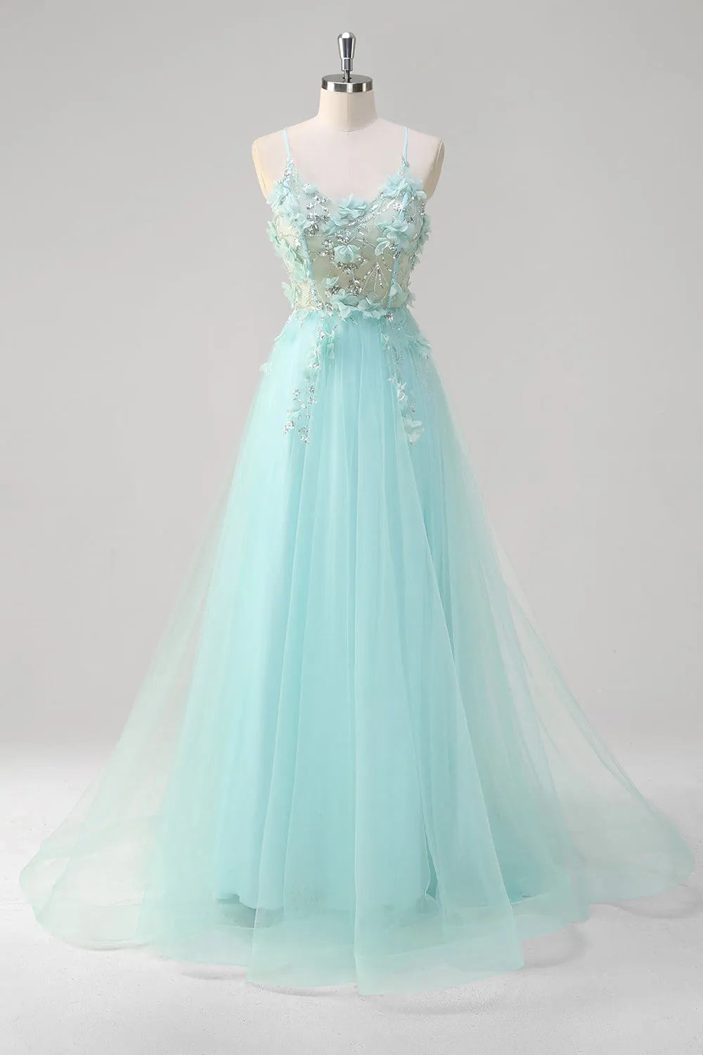 Green Sequined A Line Tulle Prom Dress with Appliques