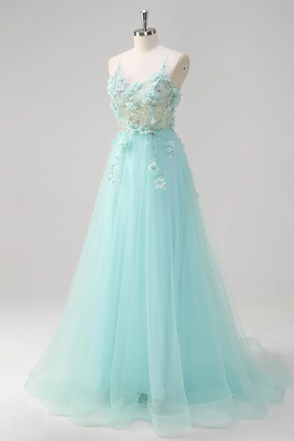 Green Sequined A Line Tulle Prom Dress with Appliques