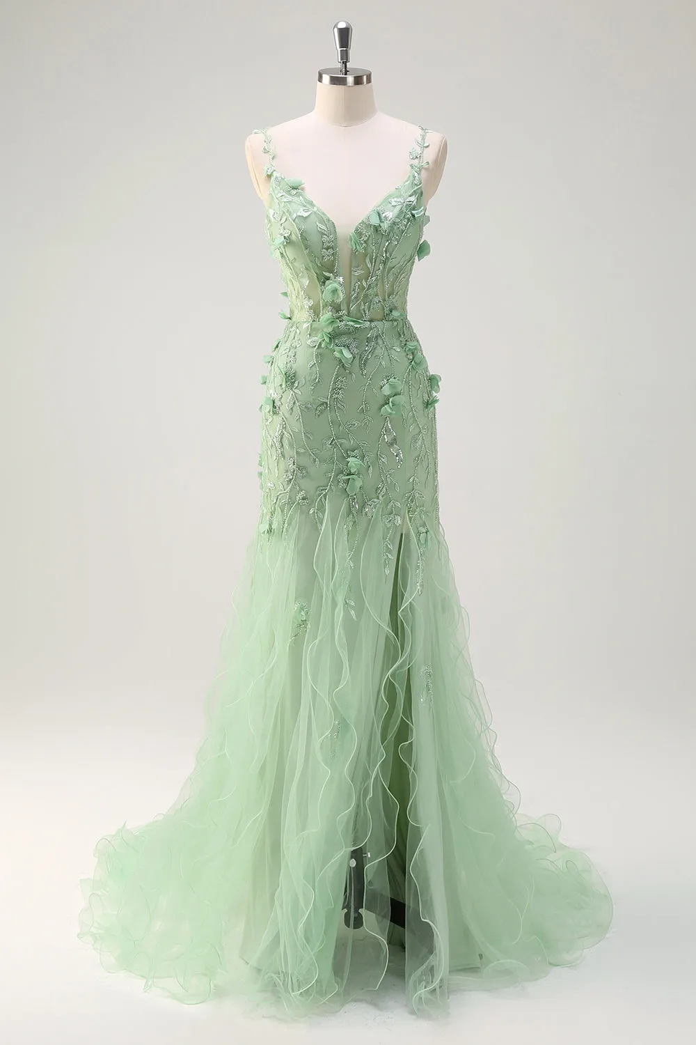 Green Tulle Slit Beaded Floor Length Prom Dress with 3D Appliques