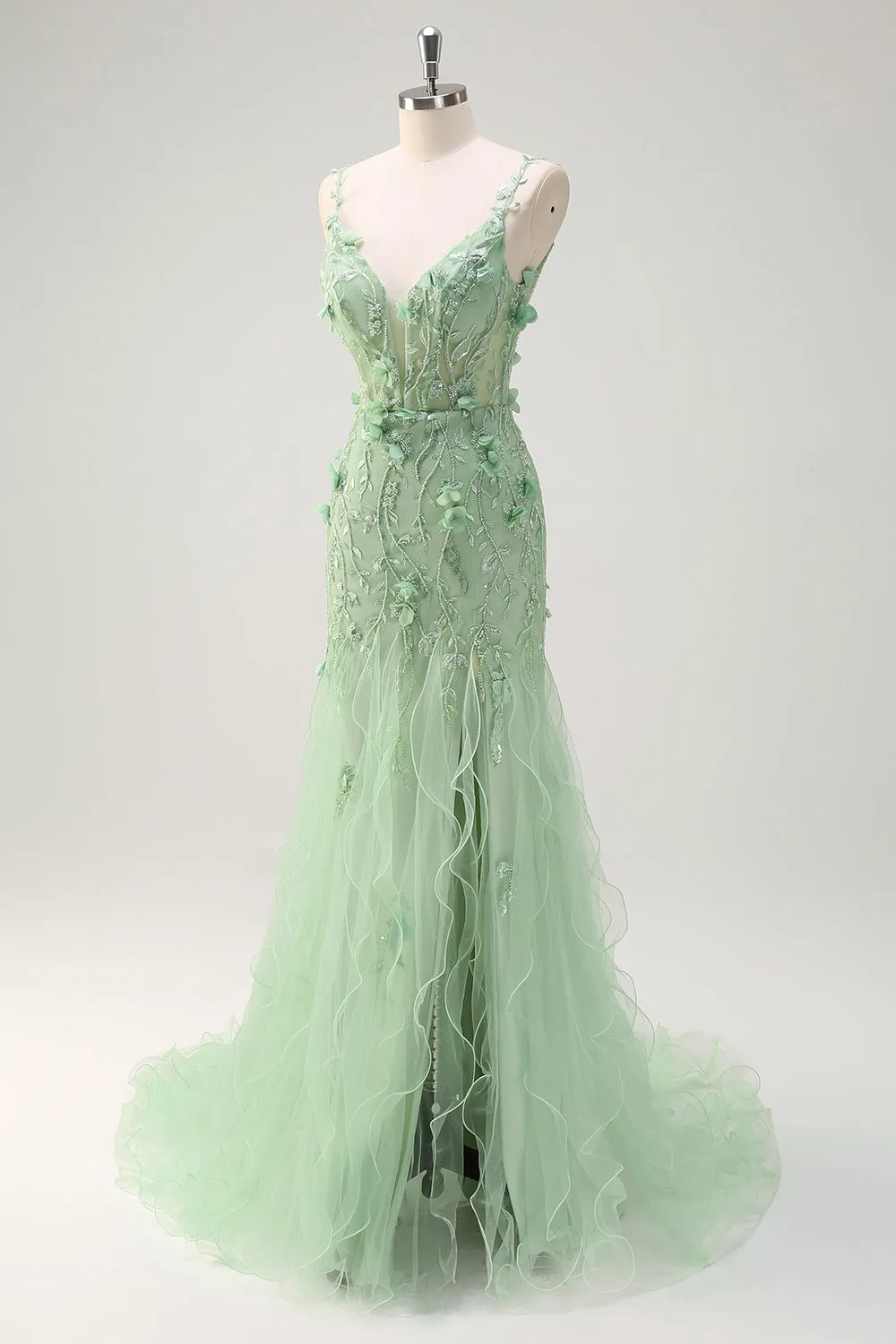 Green Tulle Slit Beaded Floor Length Prom Dress with 3D Appliques