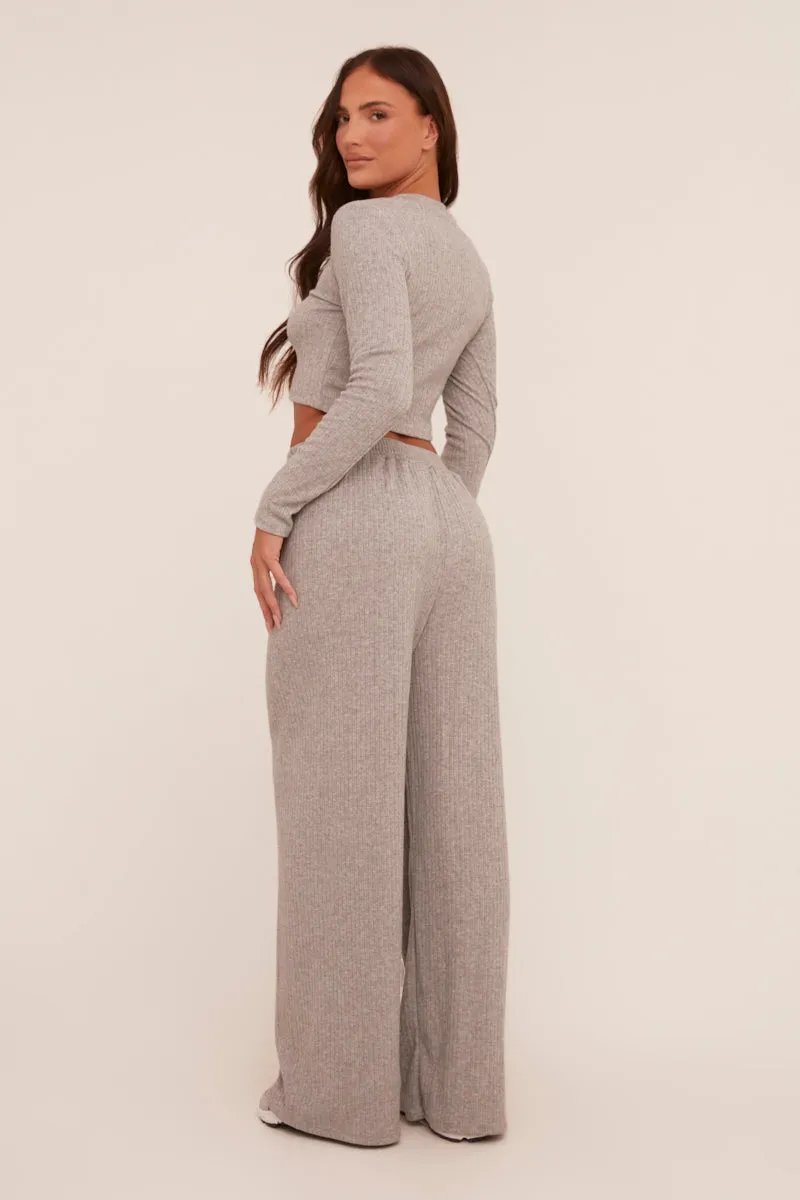 Grey Rib Knit Long Sleeve Top & Wide Leg Trouser Co-ord Set - Damia