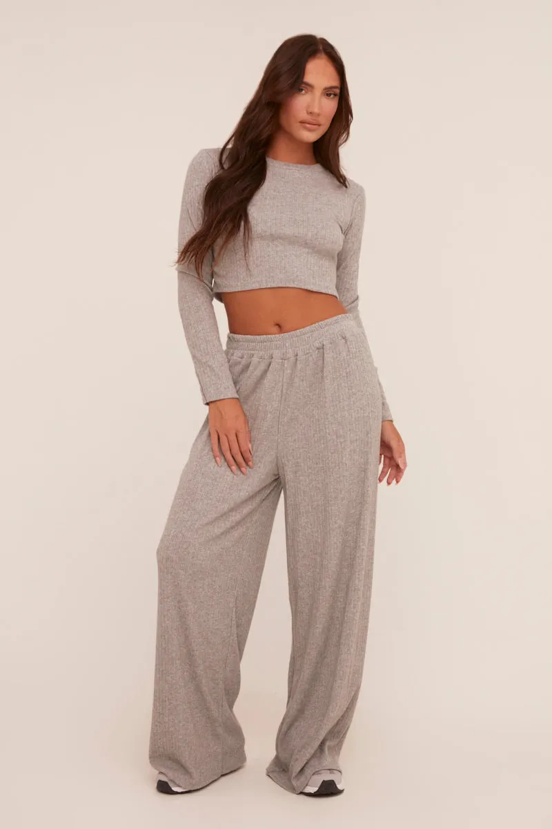 Grey Rib Knit Long Sleeve Top & Wide Leg Trouser Co-ord Set - Damia