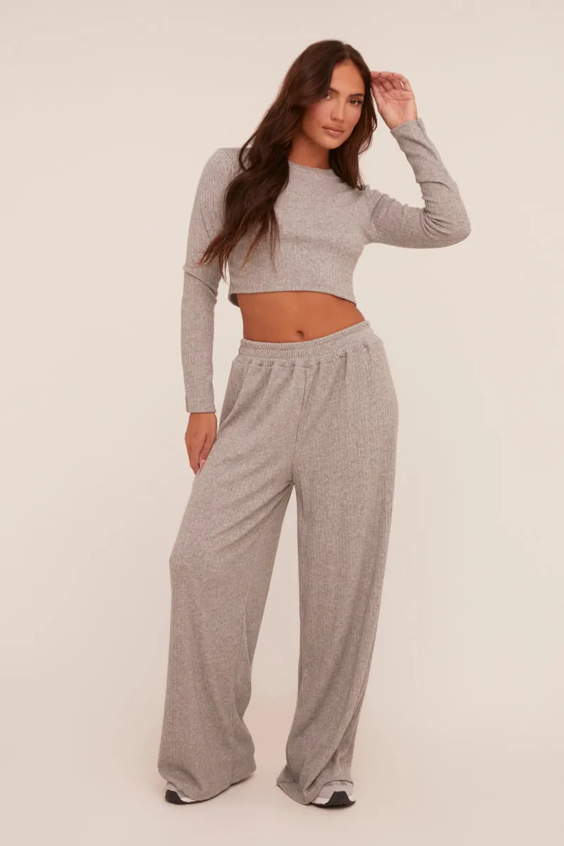 Grey Rib Knit Long Sleeve Top & Wide Leg Trouser Co-ord Set - Damia