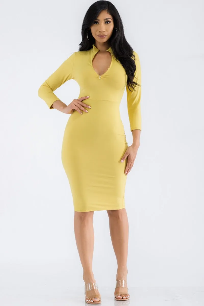 HH619X-SL - BODYCON ZIP MIDI DRESS