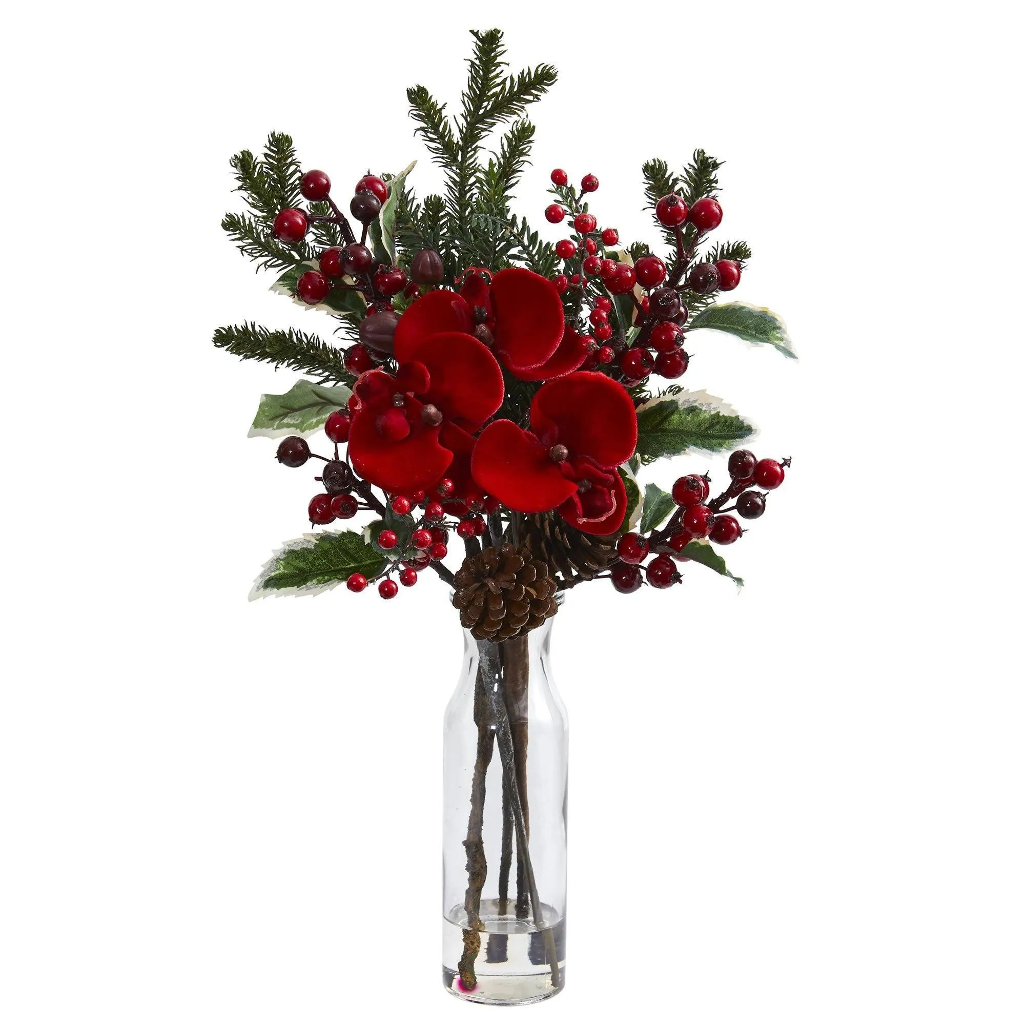 Holly Berry and Orchid Artificial Arrangement in Vase (Set of 2)