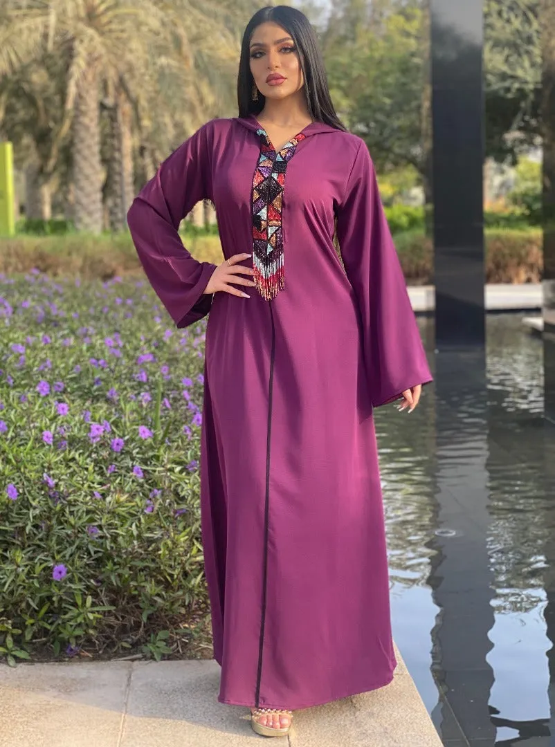 Hooded Robe Purple Dress With Diamond Tassels Women