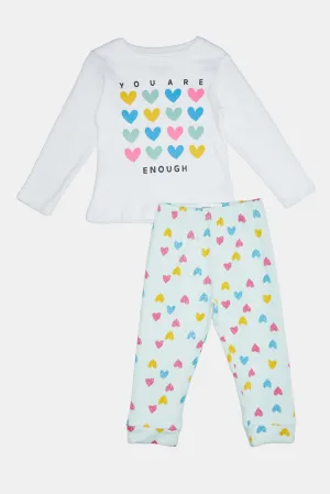 Infant Girls White Heart Printed  Pyjama Set (2 pice)