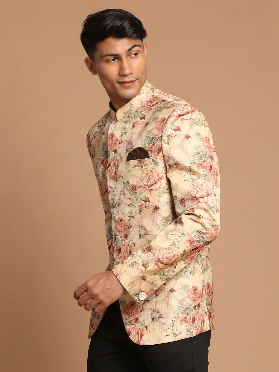 Jashvi Beige Floral Print Baap Beta Jodhpuri Set