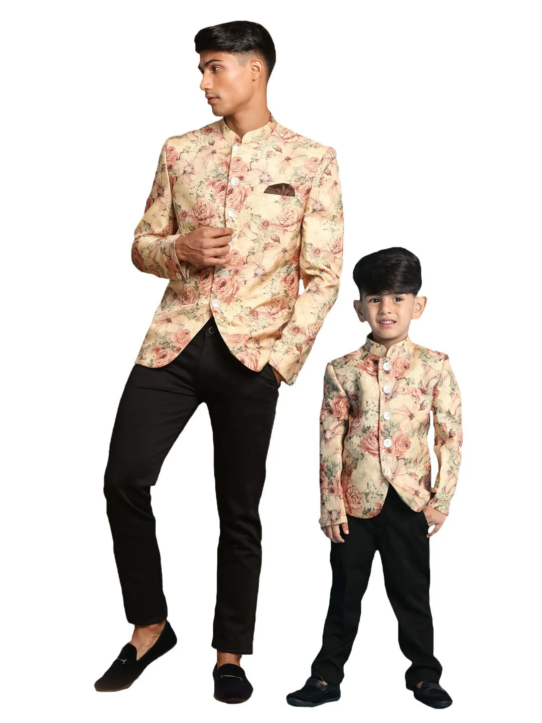 Jashvi Beige Floral Print Baap Beta Jodhpuri Set