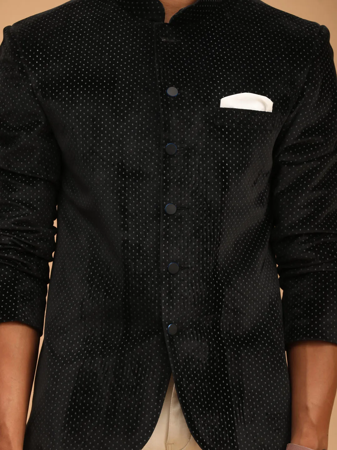 Jashvi Black Polka Dot Printed Velvet Jodhpuri Baap beta Set