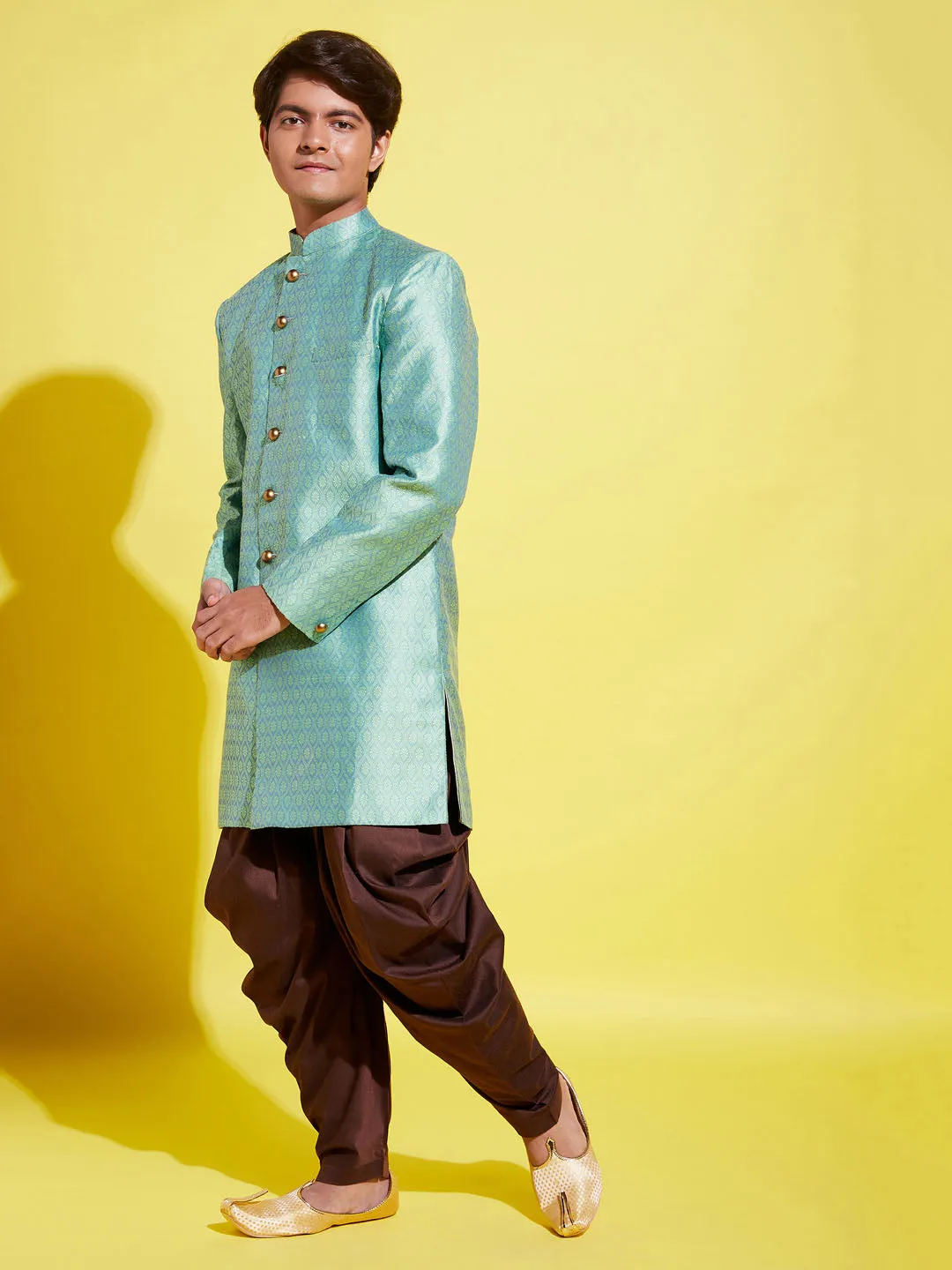 Jashvi Boys Green Indo Western Jacquard Sherwani and Dhoti Pant Set