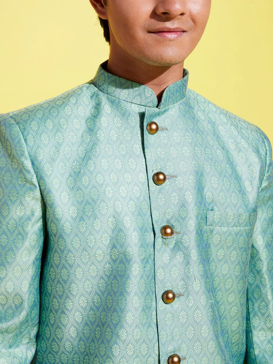 Jashvi Boys Green Indo Western Jacquard Sherwani and Dhoti Pant Set