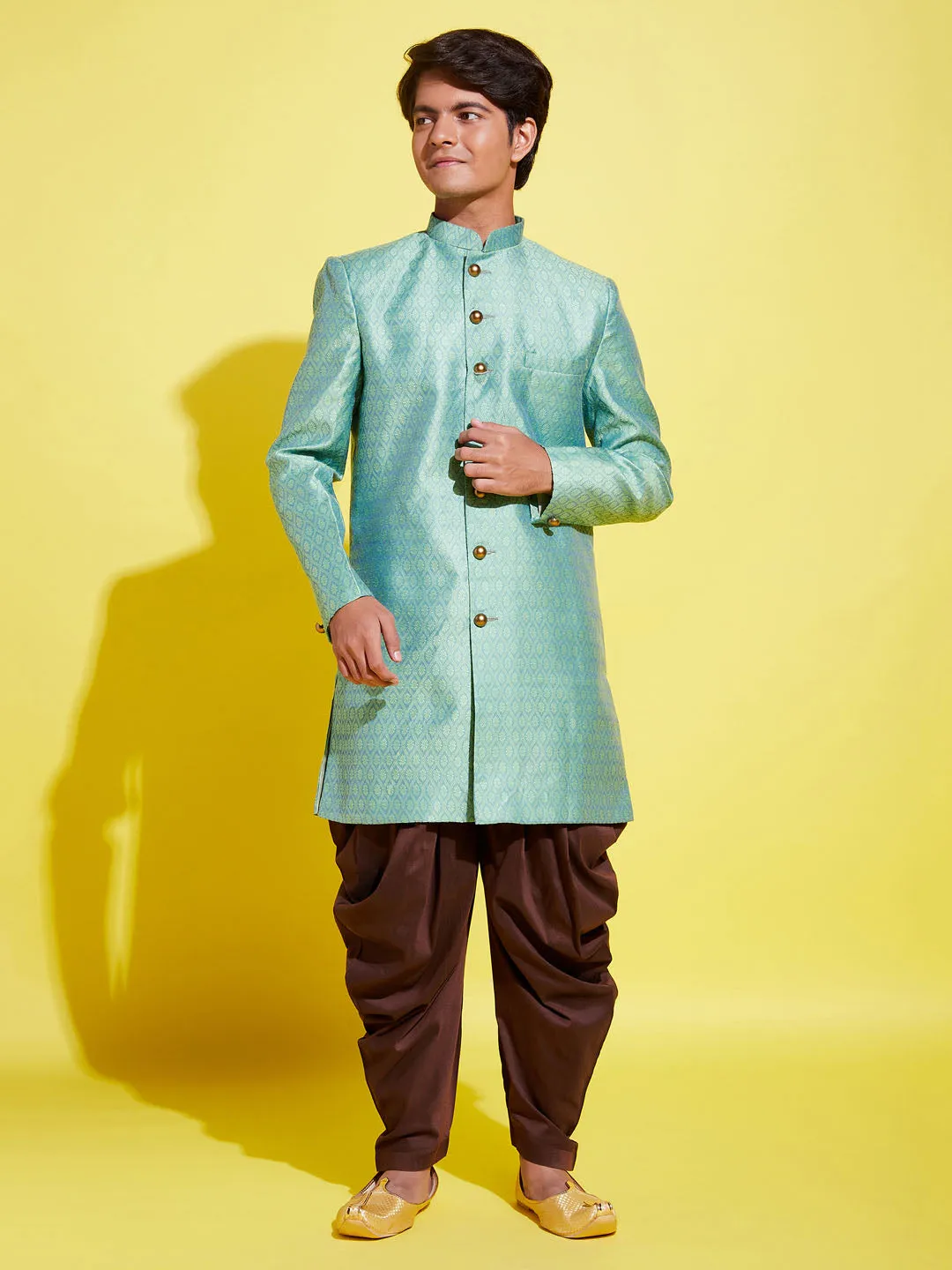 Jashvi Boys Green Indo Western Jacquard Sherwani and Dhoti Pant Set